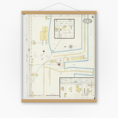 Old map wall art mockup — magnetic wood frame on white wall — Sanborn Fire Insurance Map from East Tawas, Iosco County, Michigan (1890), Sheet #0005