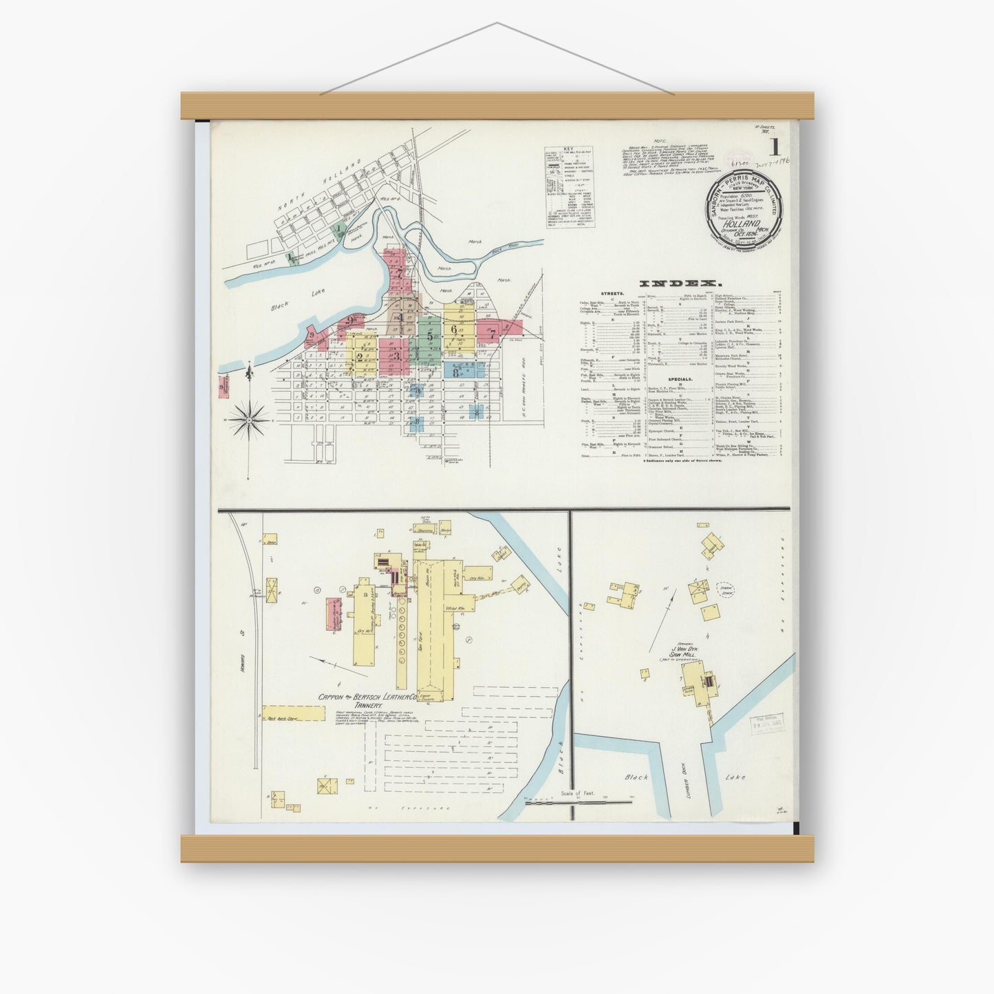Old map wall art mockup — magnetic wood frame on white wall — Sanborn Fire Insurance Map from Holland, Ottawa County, Michigan (1896) - Complete Map Set