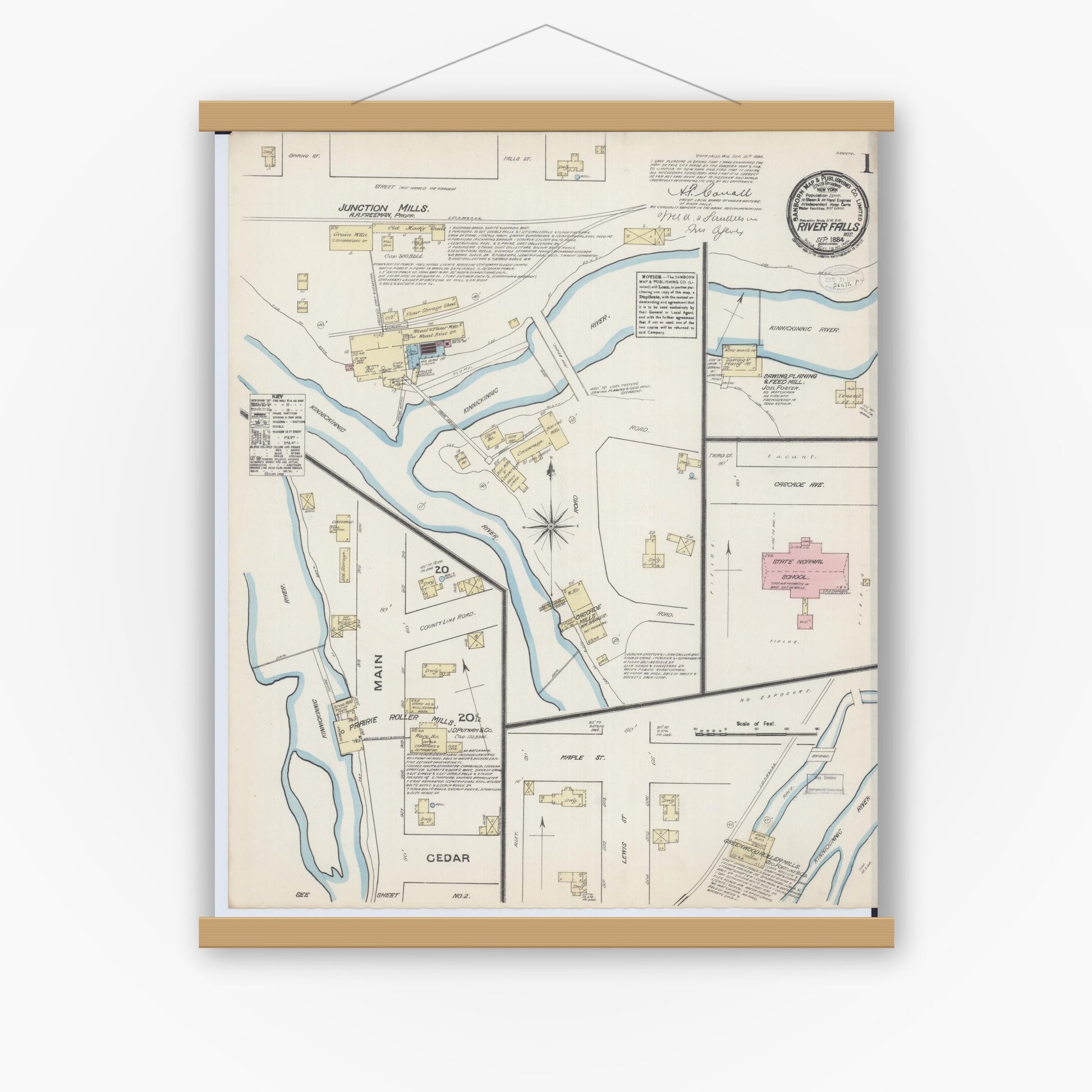 Old map wall art mockup — magnetic wood frame on white wall — Sanborn Fire Insurance Map from River Falls, St. Croix and Pierce Counties, Wisconsin (1884) - Complete Map Set