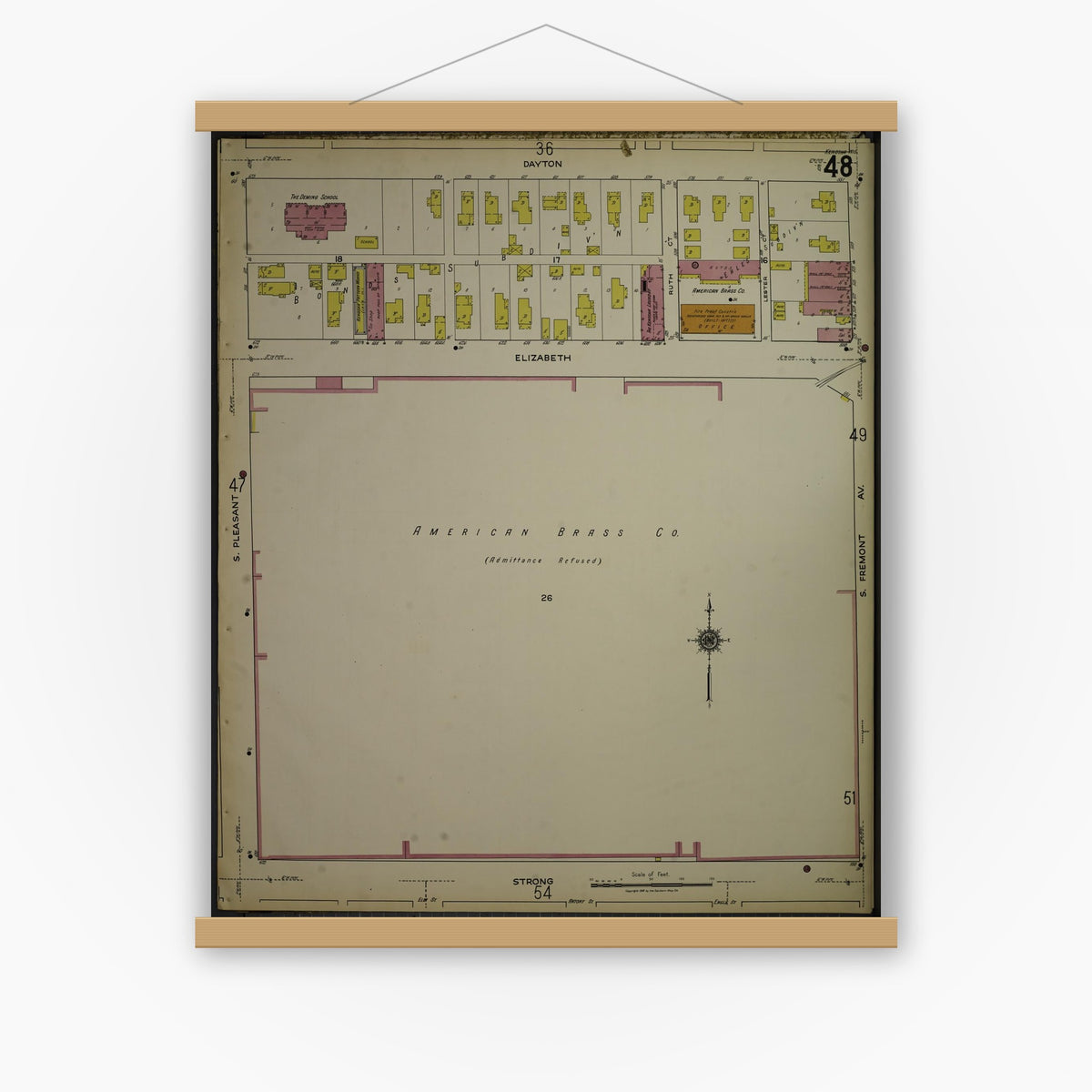 Old map wall art mockup — magnetic wood frame on white wall — Sanborn Fire Insurance Map from Kenosha, Kenosha County, Wisconsin. (1918), Sheet 52