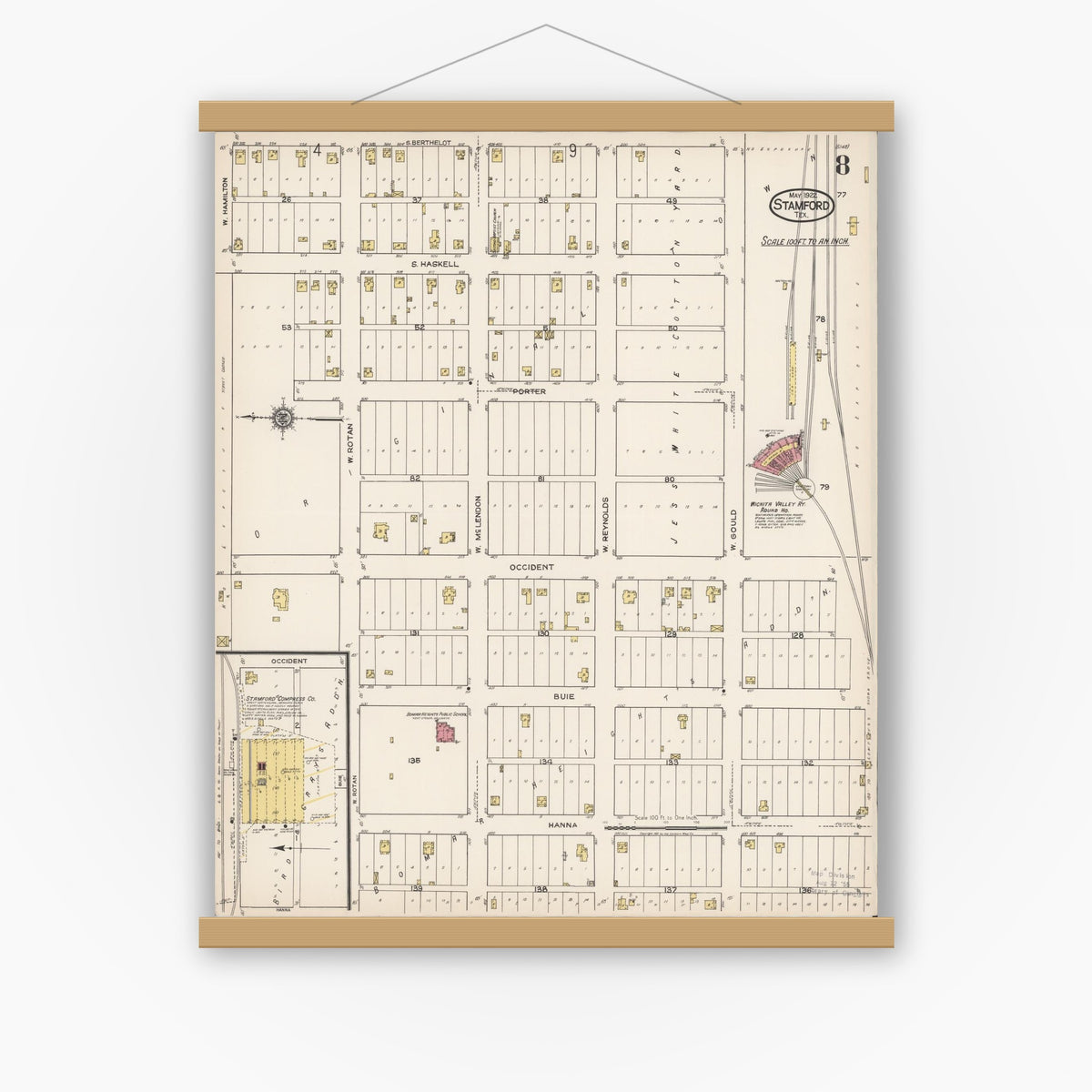 Old map wall art mockup — magnetic wood frame on white wall — Sanborn Fire Insurance Map from Stamford, Jones County, Texas (1922), Sheet #0008