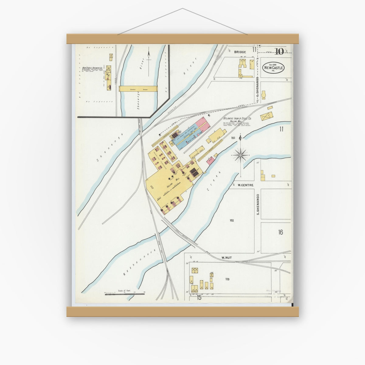 Old map wall art mockup — magnetic wood frame on white wall — Sanborn Fire Insurance Map from New Castle, Lawrence County, Pennsylvania (1899), Sheet #0010