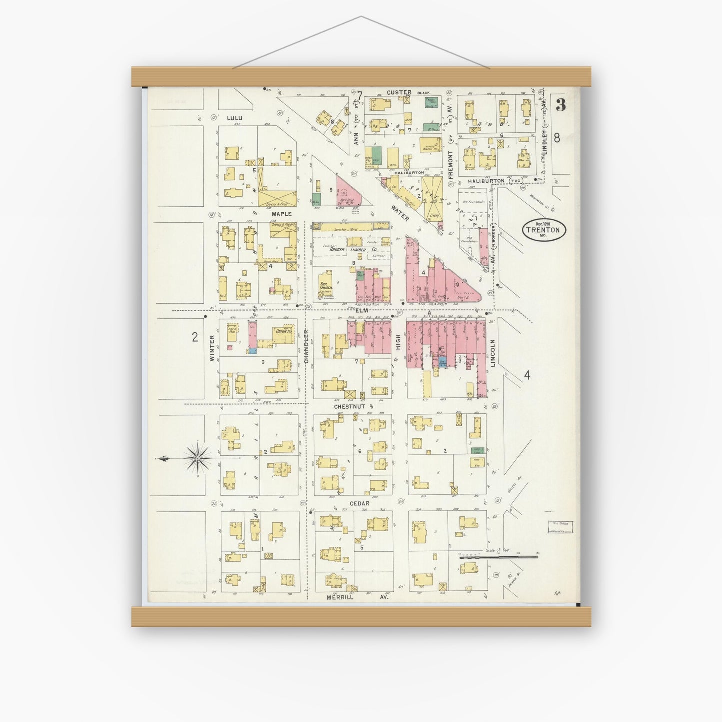 Old map wall art mockup — magnetic wood frame on white wall — Sanborn Fire Insurance Map from Trenton, Grundy County, Missouri (1898), Sheet #0003