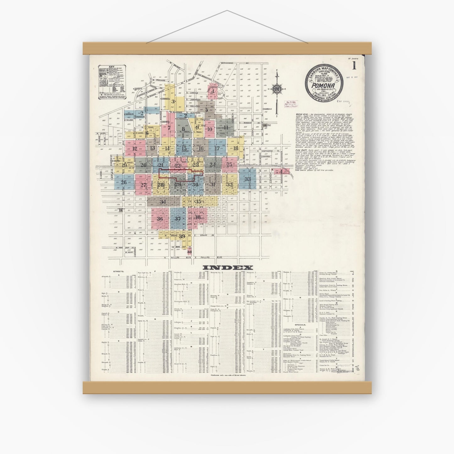 Old map wall art mockup — magnetic wood frame on white wall — Sanborn Fire Insurance Map from Pomona, Los Angeles County, California (1911) - Complete Map Set