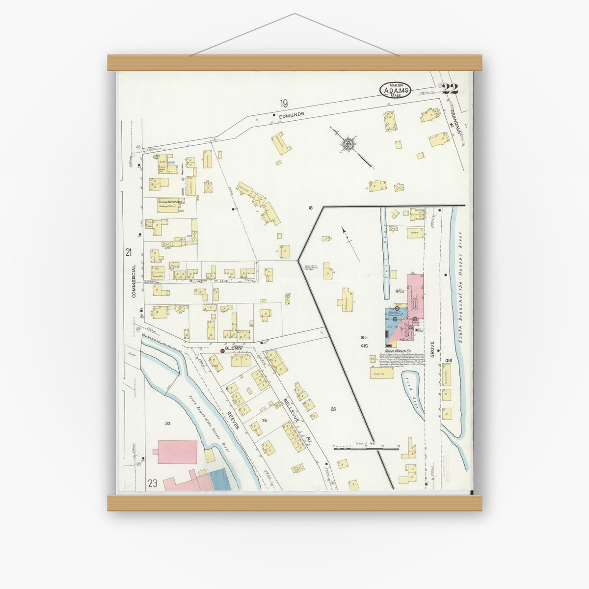 Old map wall art mockup — magnetic wood frame on white wall — Sanborn Fire Insurance Map from Adams, Berkshire County, Massachusetts (1914), Sheet #0022