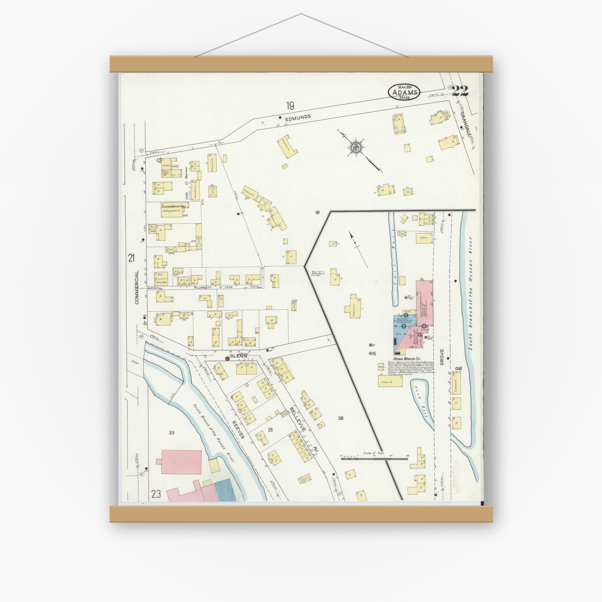 Old map wall art mockup — magnetic wood frame on white wall — Sanborn Fire Insurance Map from Adams, Berkshire County, Massachusetts (1914), Sheet #0022