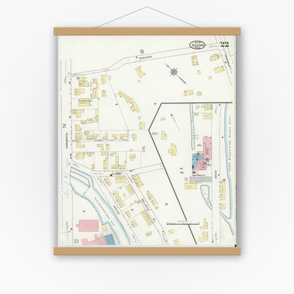 Old map wall art mockup — magnetic wood frame on white wall — Sanborn Fire Insurance Map from Adams, Berkshire County, Massachusetts (1914), Sheet #0022
