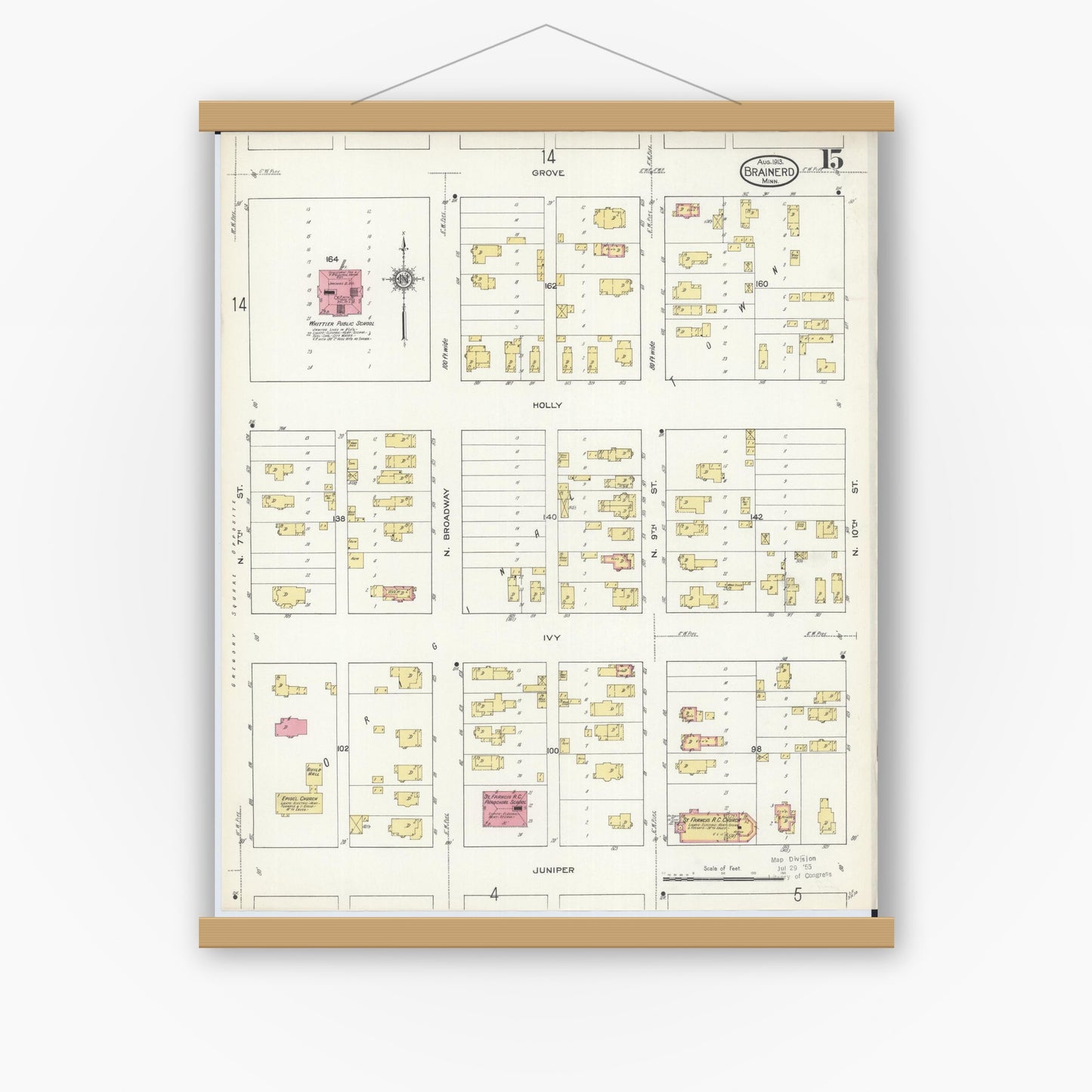 Old map wall art mockup — magnetic wood frame on white wall — Sanborn Fire Insurance Map from Brainerd, Crow Wing County, Minnesota (1913), Sheet #0015