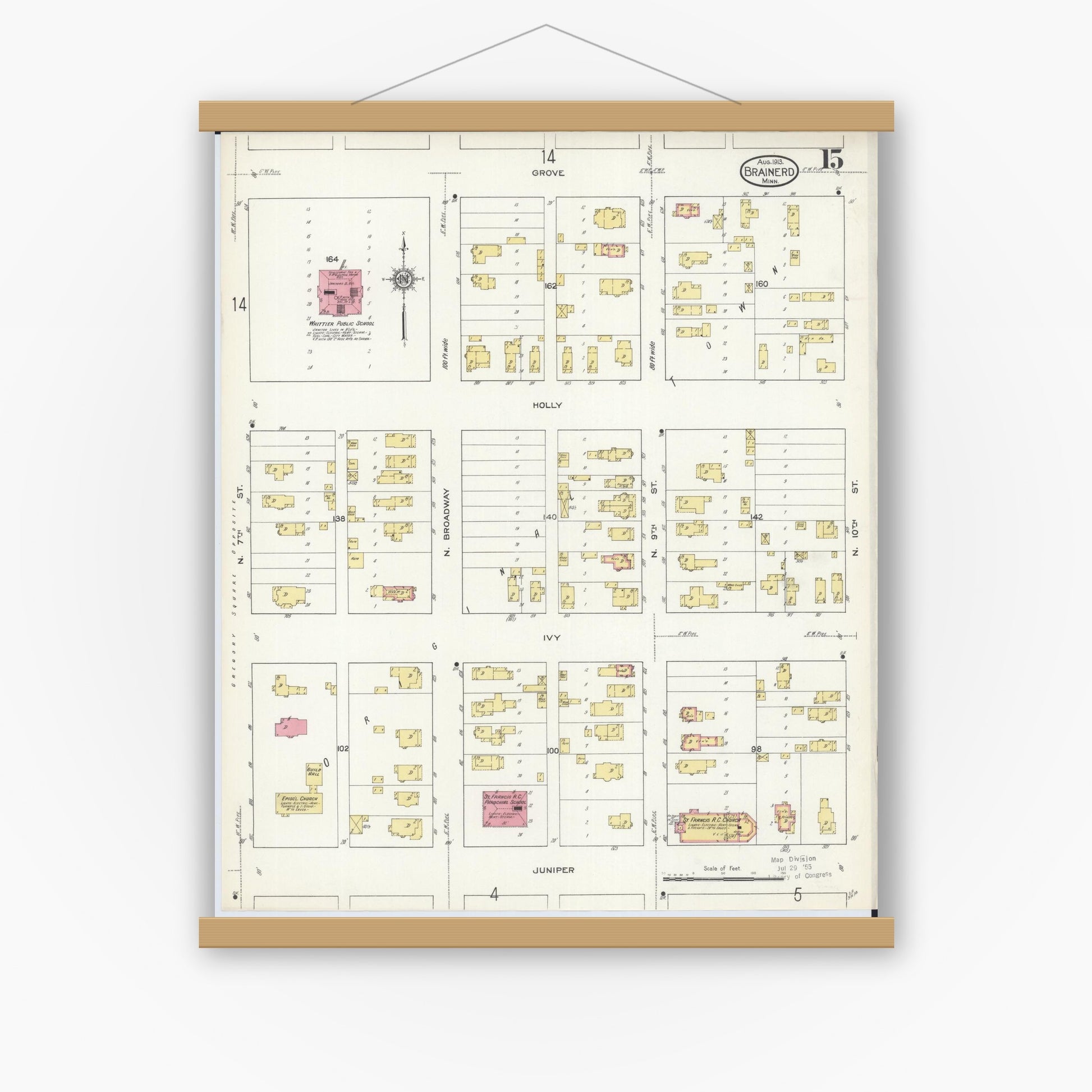 Old map wall art mockup — magnetic wood frame on white wall — Sanborn Fire Insurance Map from Brainerd, Crow Wing County, Minnesota (1913), Sheet #0015
