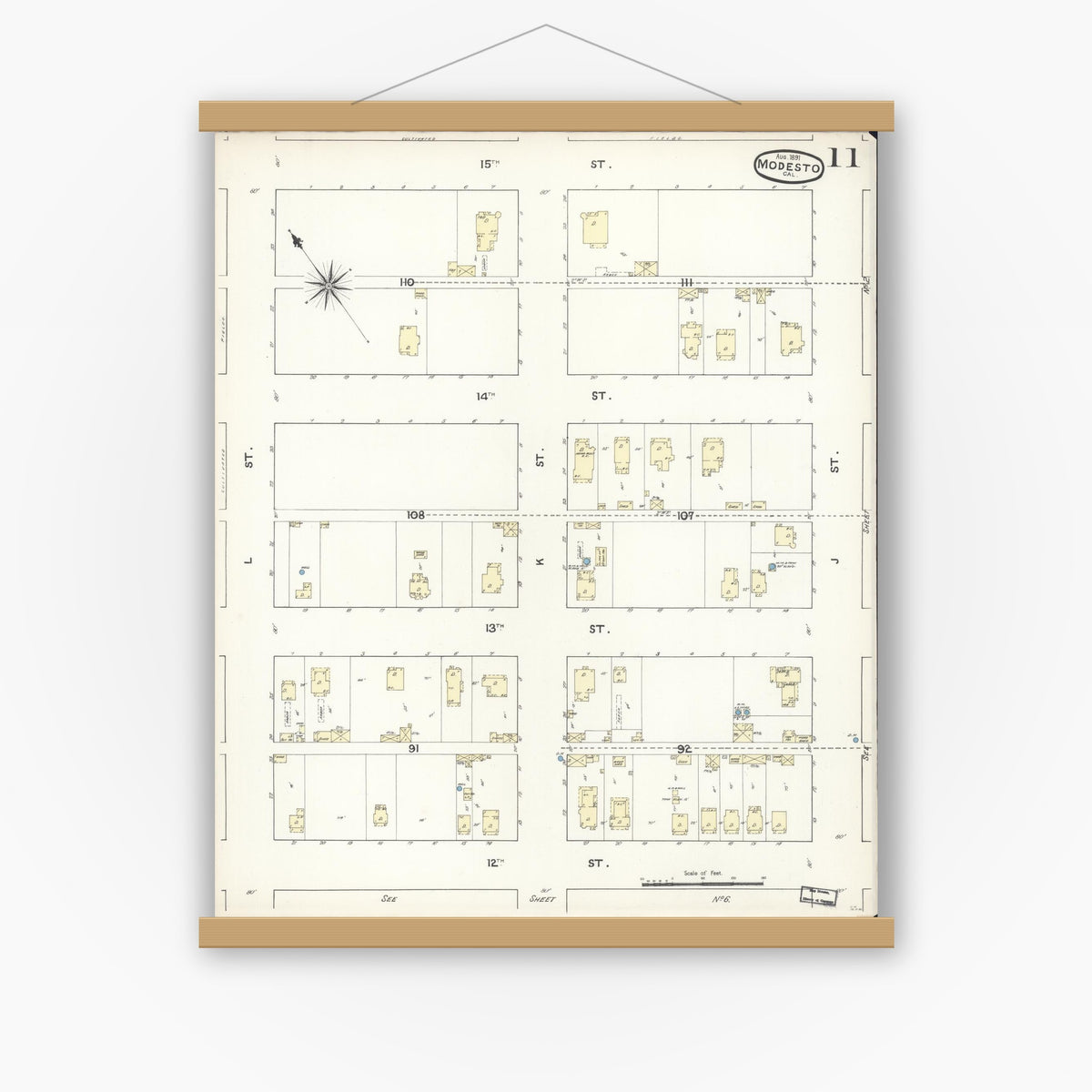 Old map wall art mockup — magnetic wood frame on white wall — Sanborn Fire Insurance Map from Modesto, Stanislaus County, California (1891), Sheet #0011