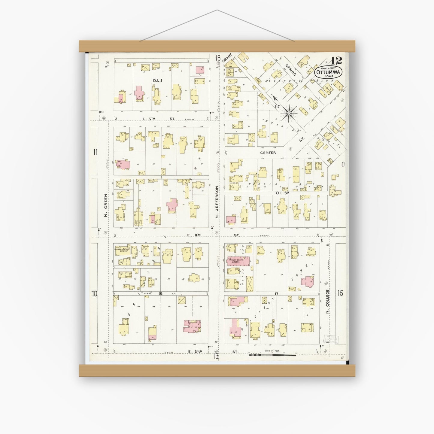 Old map wall art mockup — magnetic wood frame on white wall — Sanborn Fire Insurance Map from Ottumwa, Wapello County, Iowa (1897), Sheet #0012