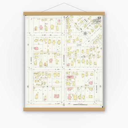 Old map wall art mockup — magnetic wood frame on white wall — Sanborn Fire Insurance Map from Ottumwa, Wapello County, Iowa (1897), Sheet #0012