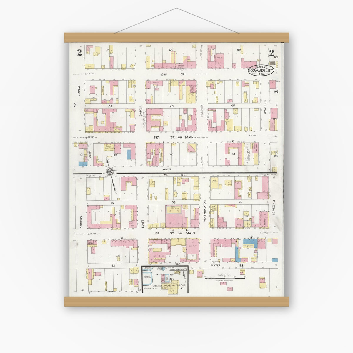 Old map wall art mockup — magnetic wood frame on white wall — Sanborn Fire Insurance Map from Rio Grande City, Starr County, Texas (1925), Sheet #0002