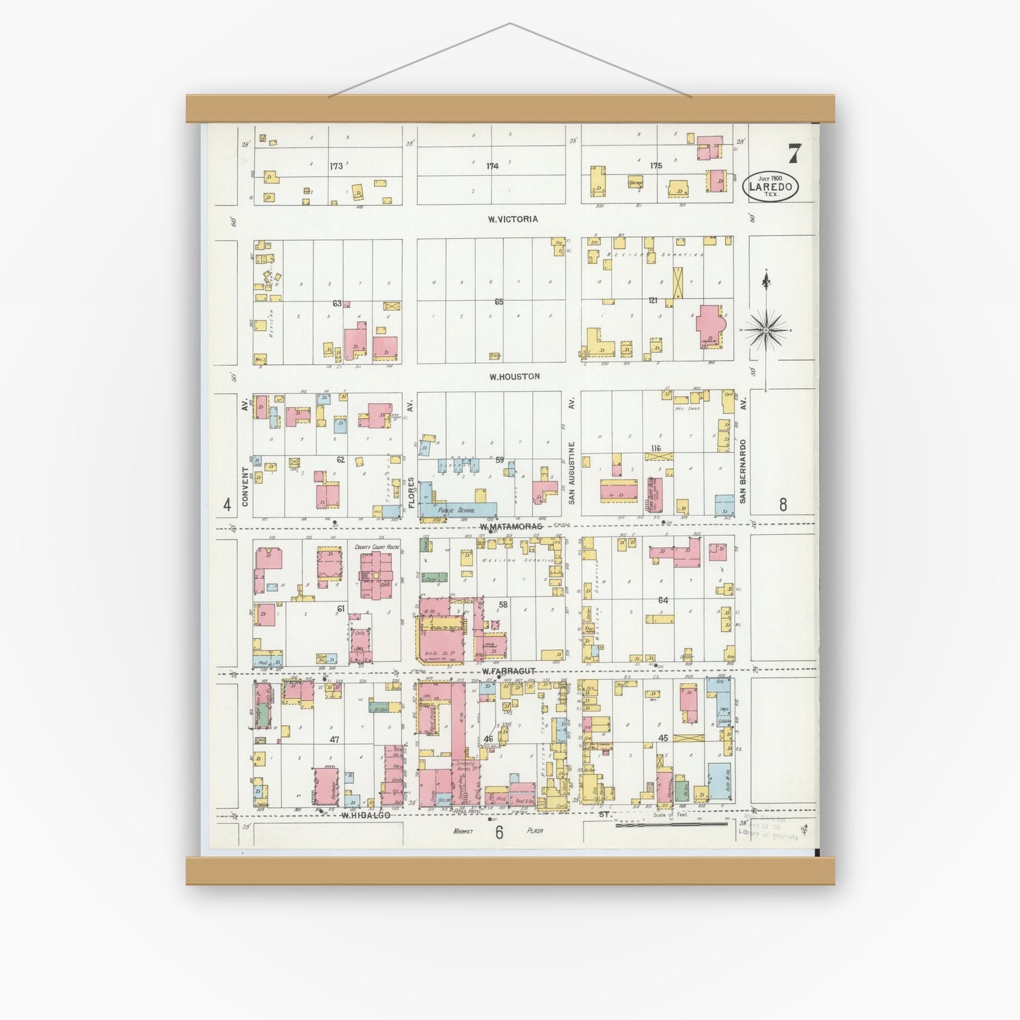 Old map wall art mockup — magnetic wood frame on white wall — Sanborn Fire Insurance Map from Laredo, Webb County, Texas (1900), Sheet #0007