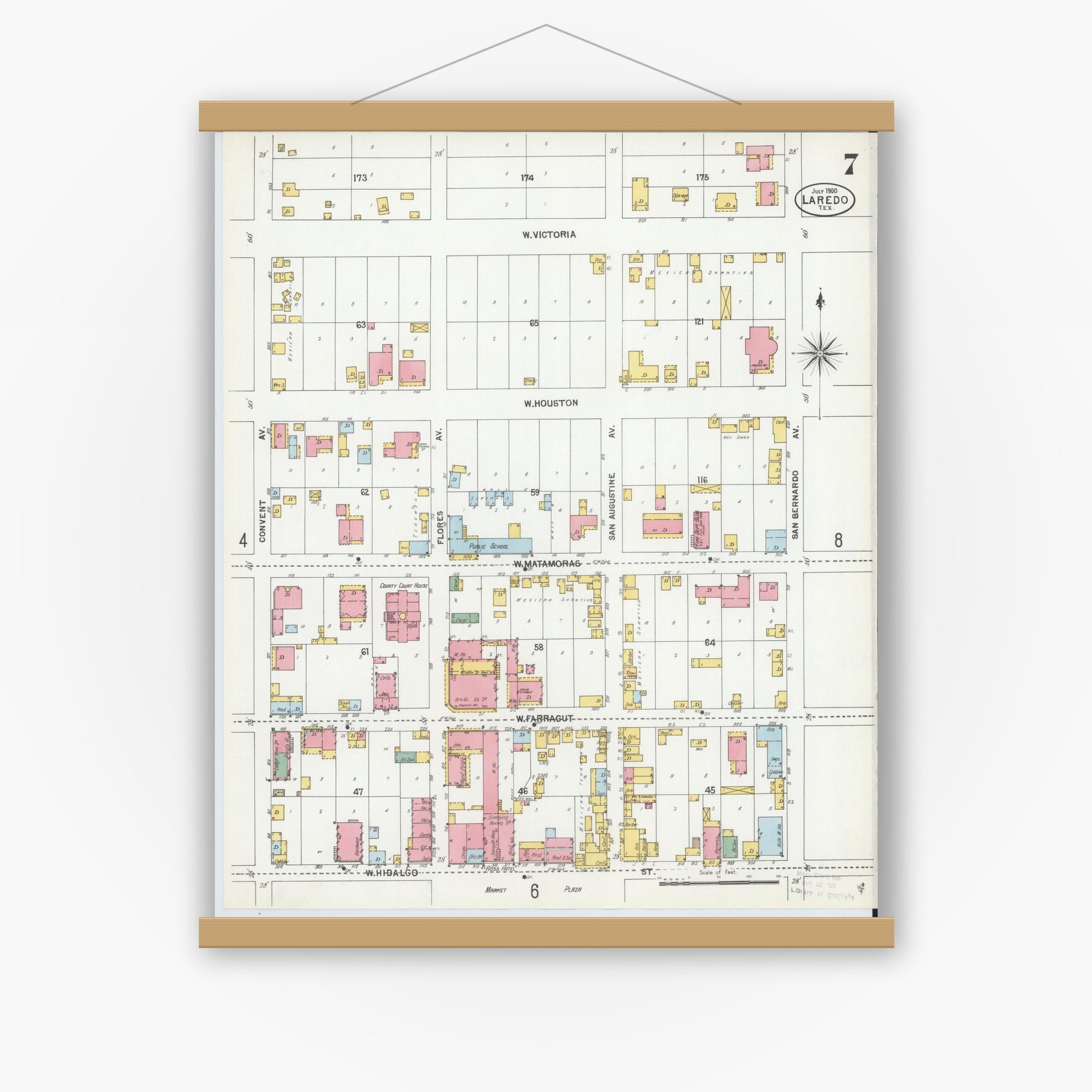 Old map wall art mockup — magnetic wood frame on white wall — Sanborn Fire Insurance Map from Laredo, Webb County, Texas (1900), Sheet #0007