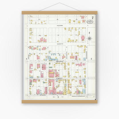 Old map wall art mockup — magnetic wood frame on white wall — Sanborn Fire Insurance Map from Laredo, Webb County, Texas (1900), Sheet #0007