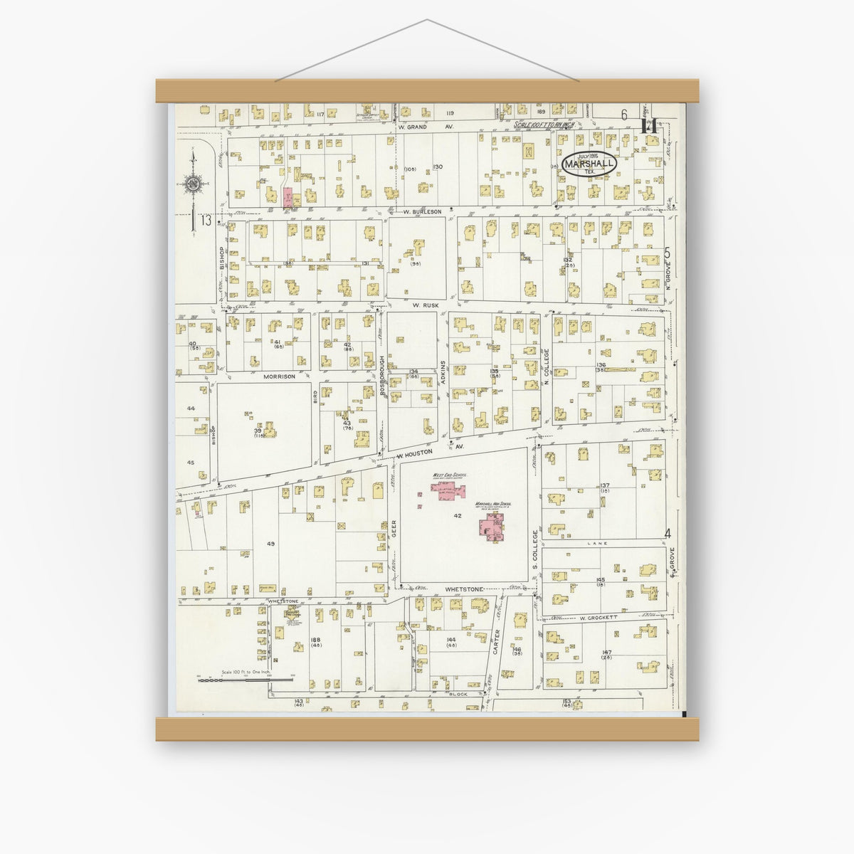 Old map wall art mockup — magnetic wood frame on white wall — Sanborn Fire Insurance Map from Marshall, Harrison County, Texas (1915), Sheet #0014