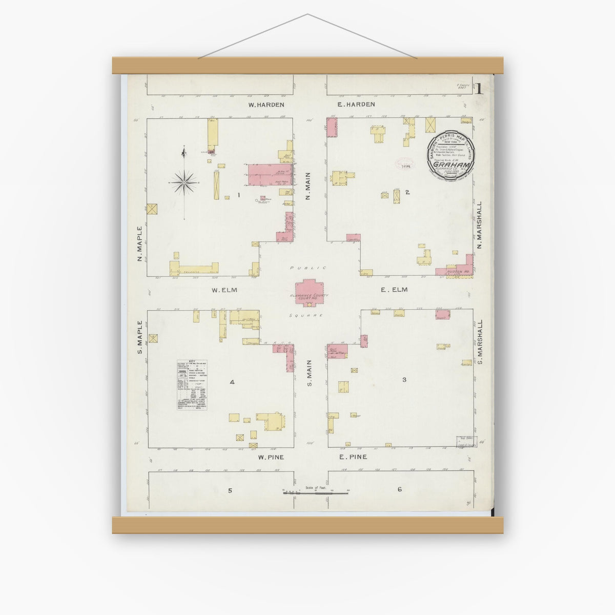 Old map wall art mockup — magnetic wood frame on white wall — Sanborn Fire Insurance Map from Graham, Alamance County, North Carolina (1893) - Complete Map Set
