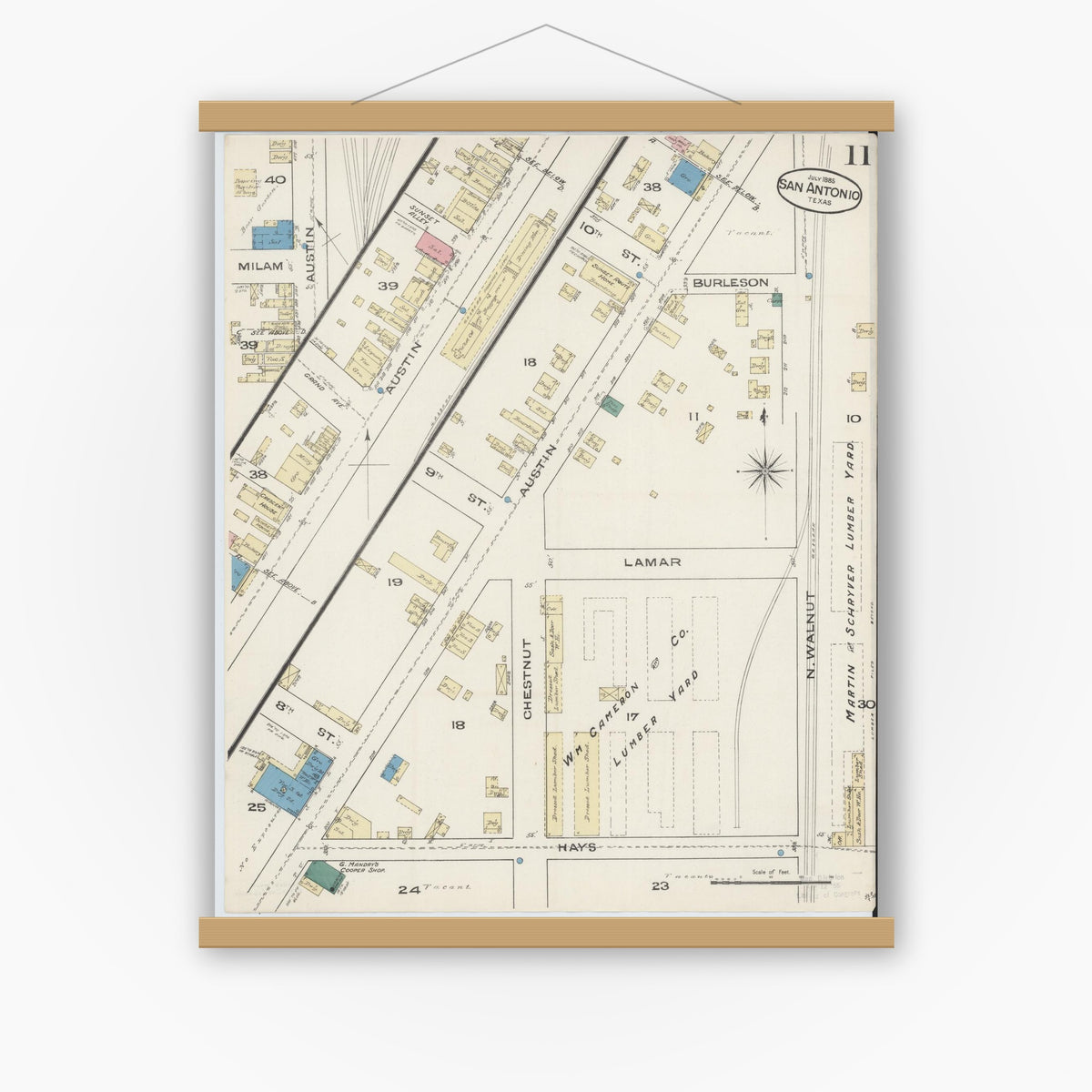 Old map wall art mockup — magnetic wood frame on white wall — Sanborn Fire Insurance Map from San Antonio, Bexar County, Texas (1885), Sheet #0011