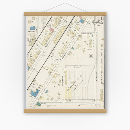 Old map wall art mockup — magnetic wood frame on white wall — Sanborn Fire Insurance Map from San Antonio, Bexar County, Texas (1885), Sheet #0011