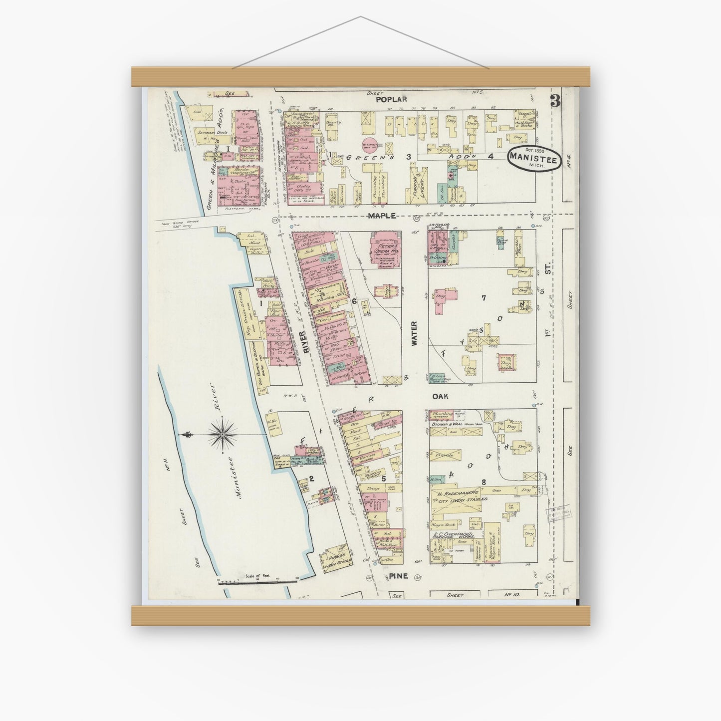 Old map wall art mockup — magnetic wood frame on white wall — Sanborn Fire Insurance Map from Manistee, Manistee County, Michigan (1890) - Complete Map Set