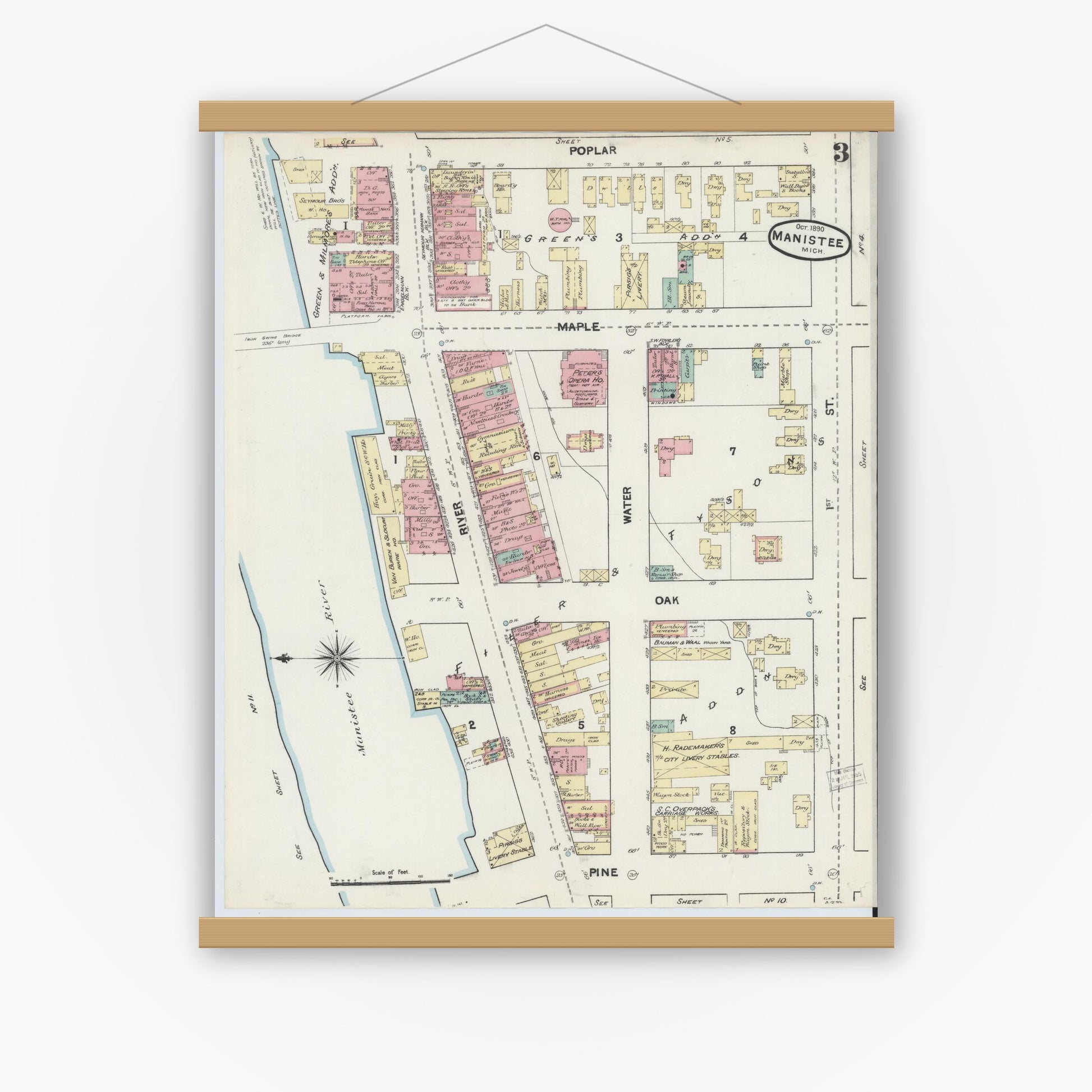 Old map wall art mockup — magnetic wood frame on white wall — Sanborn Fire Insurance Map from Manistee, Manistee County, Michigan (1890) - Complete Map Set