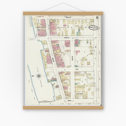 Old map wall art mockup — magnetic wood frame on white wall — Sanborn Fire Insurance Map from Manistee, Manistee County, Michigan (1890) - Complete Map Set