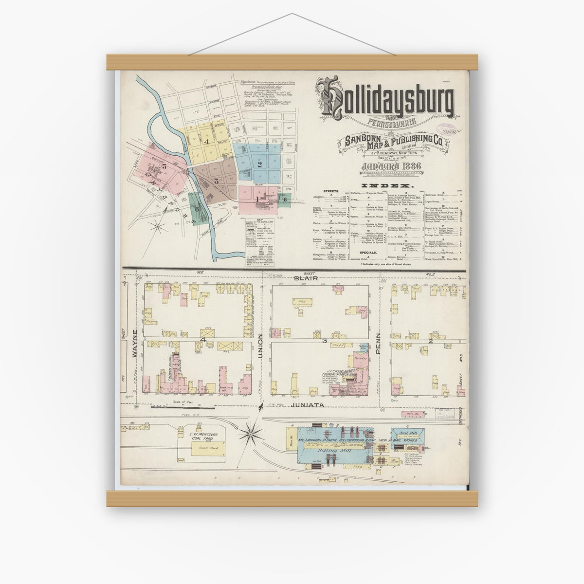 Old map wall art mockup — magnetic wood frame on white wall — Sanborn Fire Insurance Map from Hollidaysburg, Blair County, Pennsylvania (1886), Sheet #0001