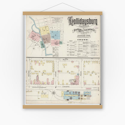 Old map wall art mockup — magnetic wood frame on white wall — Sanborn Fire Insurance Map from Hollidaysburg, Blair County, Pennsylvania (1886), Sheet #0001