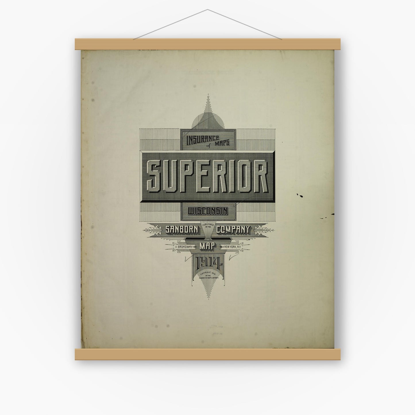 Old map wall art mockup — magnetic wood frame on white wall — Sanborn Fire Insurance Map from Superior, Douglas County, Wisconsin (1914), Sheet #0001