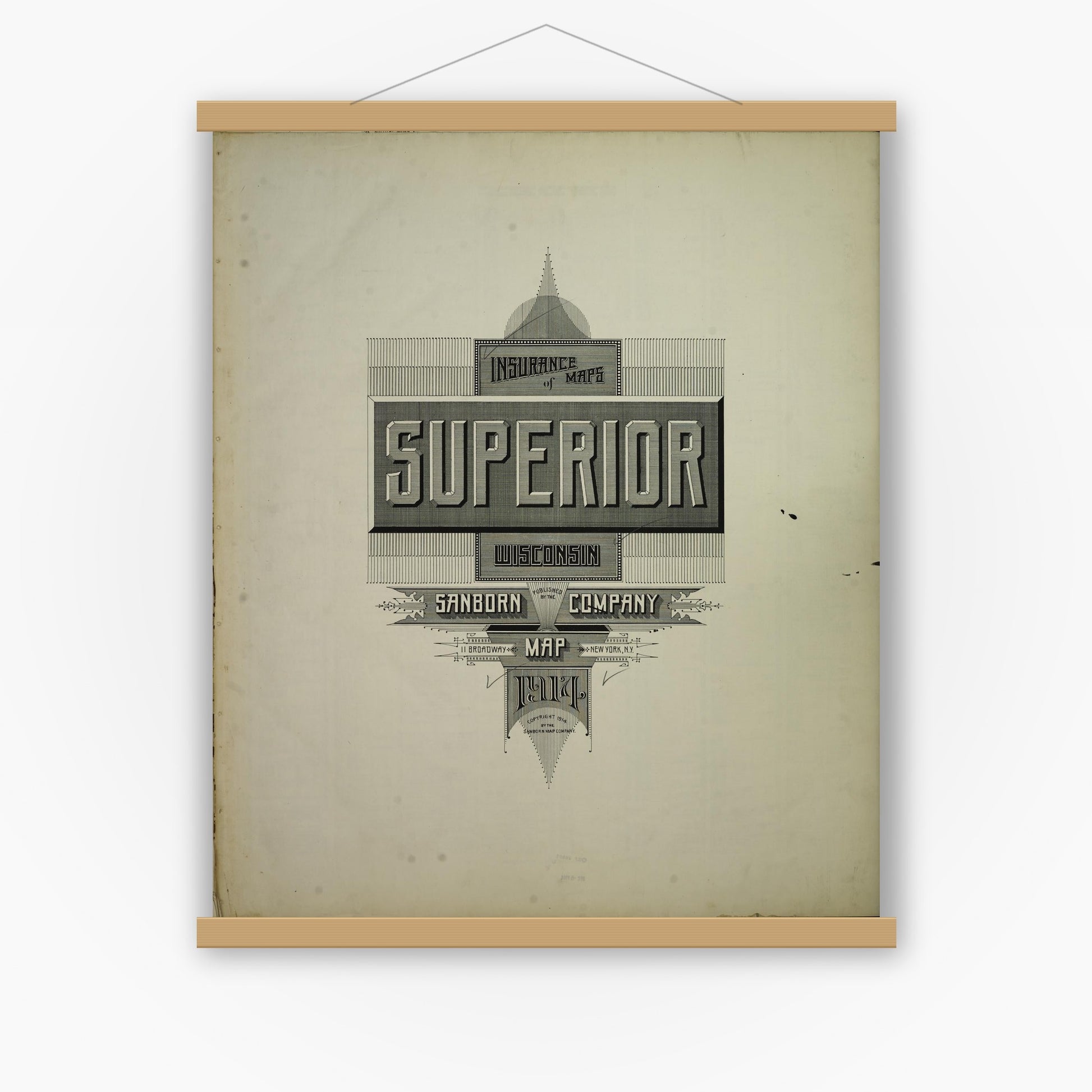 Old map wall art mockup — magnetic wood frame on white wall — Sanborn Fire Insurance Map from Superior, Douglas County, Wisconsin (1914), Sheet #0001