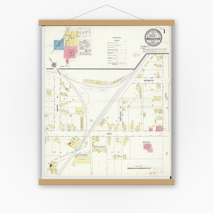 Old map wall art mockup — magnetic wood frame on white wall — Sanborn Fire Insurance Map from Winchester, Adams County, Ohio (1912), Sheet #0001