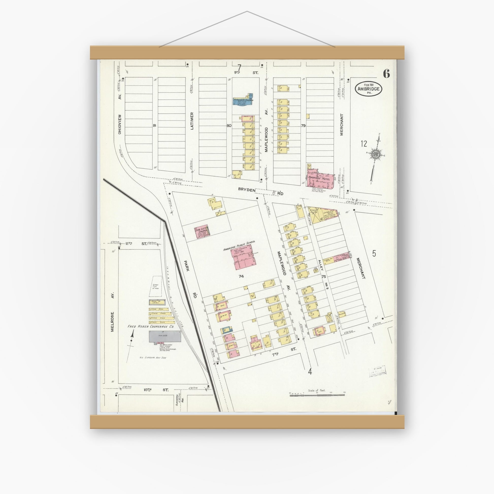 Old map wall art mockup — magnetic wood frame on white wall — Sanborn Fire Insurance Map from Ambridge, Beaver County, Pennsylvania (1911), Sheet #0006