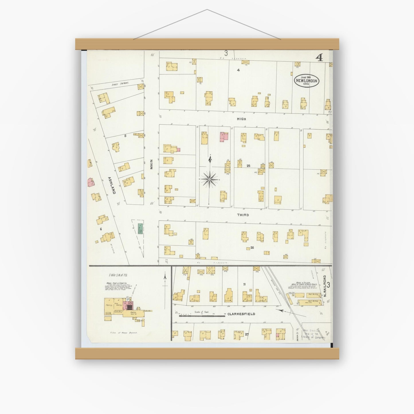 Old map wall art mockup — magnetic wood frame on white wall — Sanborn Fire Insurance Map from New London, Huron County, Ohio (1904), Sheet #0004