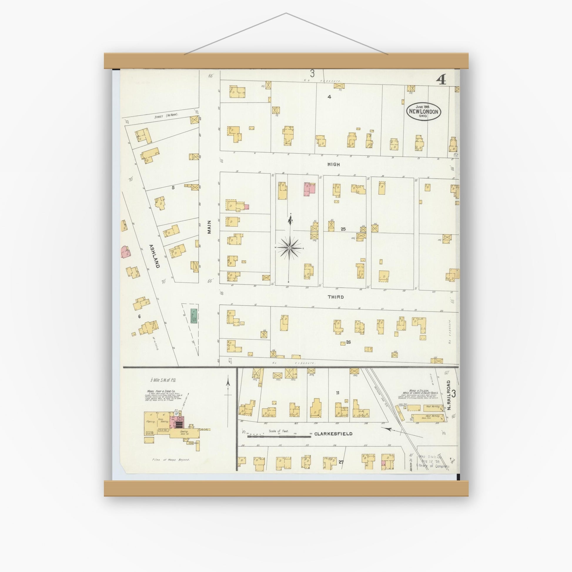Old map wall art mockup — magnetic wood frame on white wall — Sanborn Fire Insurance Map from New London, Huron County, Ohio (1904), Sheet #0004