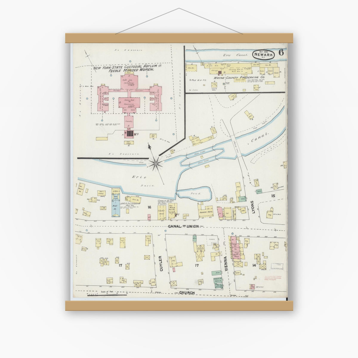 Old map wall art mockup — magnetic wood frame on white wall — Sanborn Fire Insurance Map from Newark, Wayne County, New York (1890), Sheet #0006