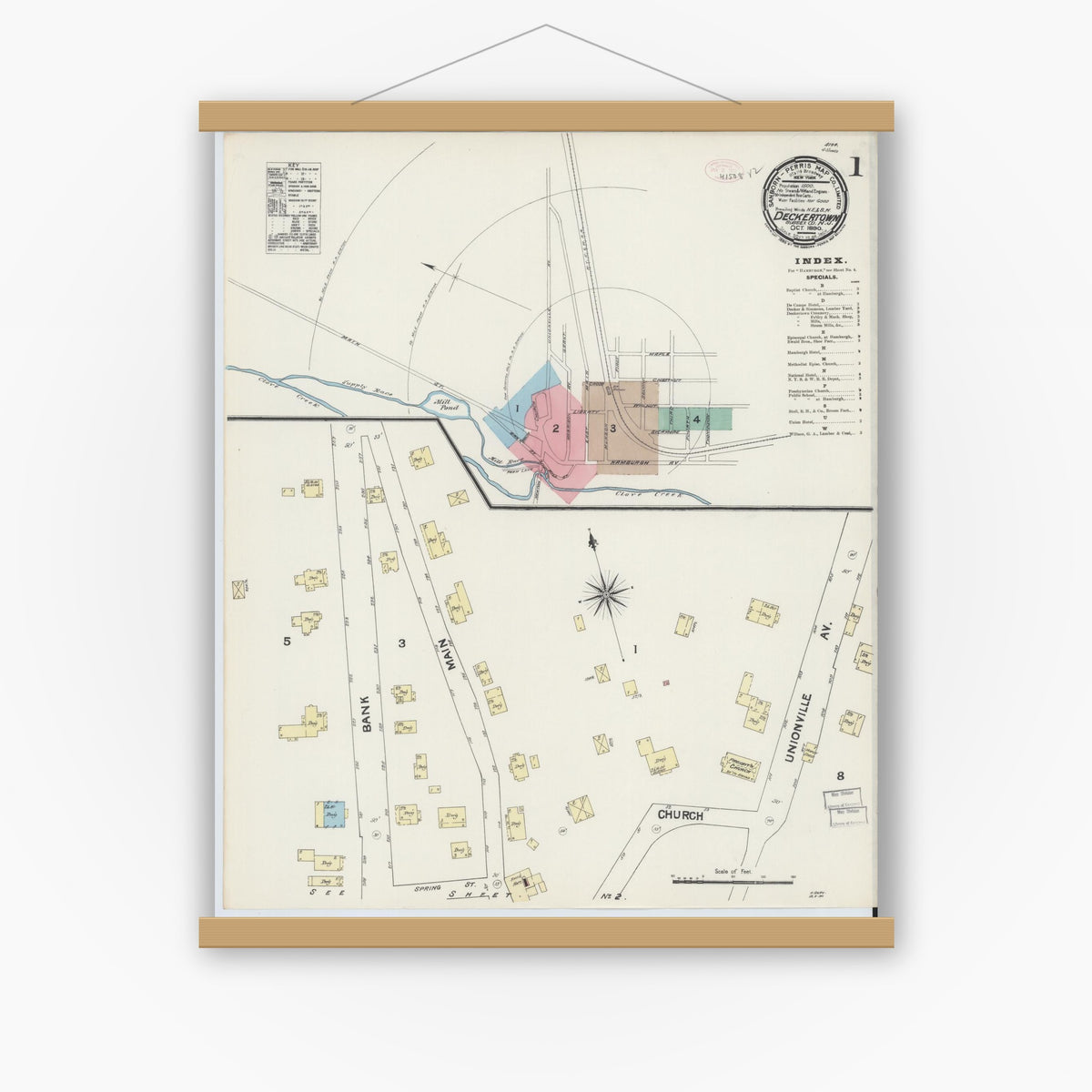Old map wall art mockup — magnetic wood frame on white wall — Sanborn Fire Insurance Map from Deckertown, Sussex County, New Jersey (1890), Sheet #0001