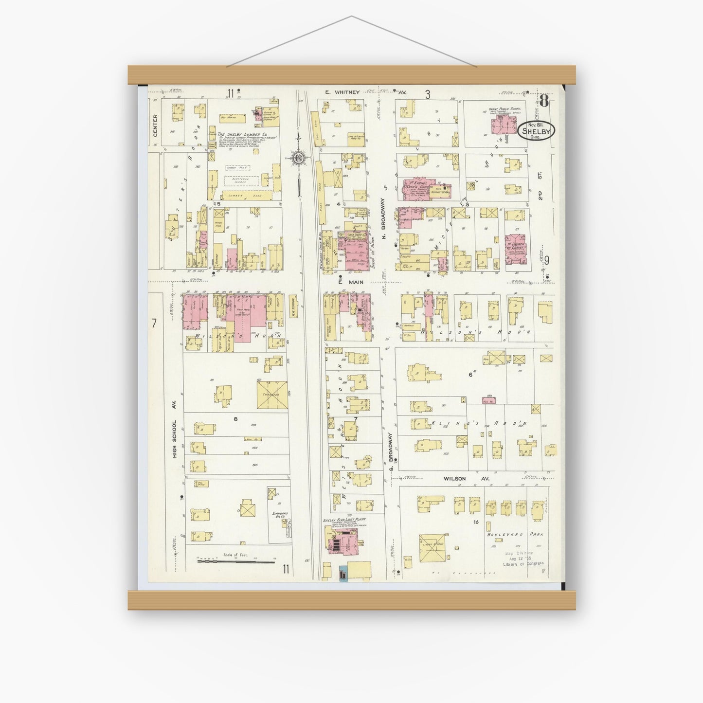Old map wall art mockup — magnetic wood frame on white wall — Sanborn Fire Insurance Map from Shelby, Richland County, Ohio (1911), Sheet #0008