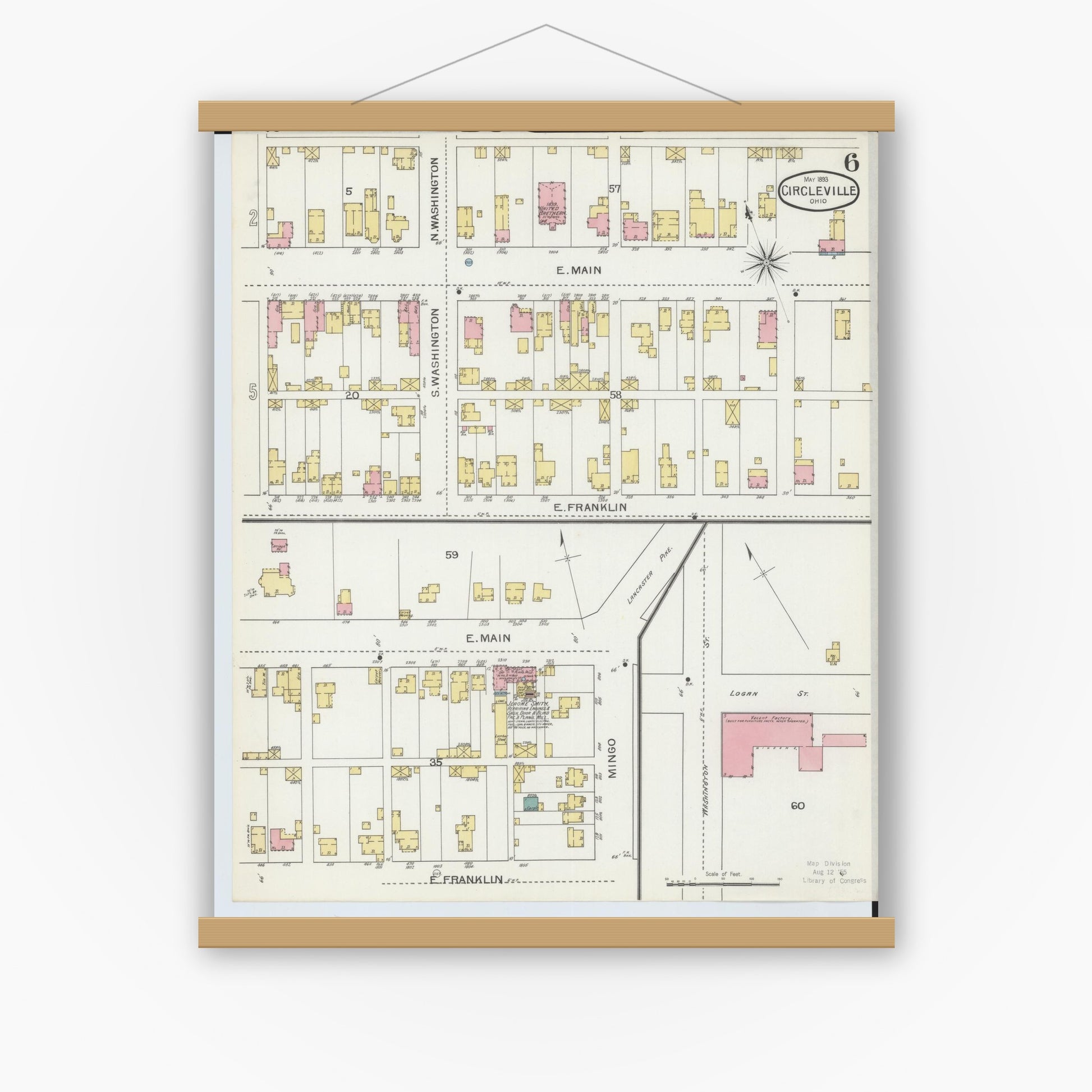 Old map wall art mockup — magnetic wood frame on white wall — Sanborn Fire Insurance Map from Circleville, Pickaway County, Ohio (1893), Sheet #0006