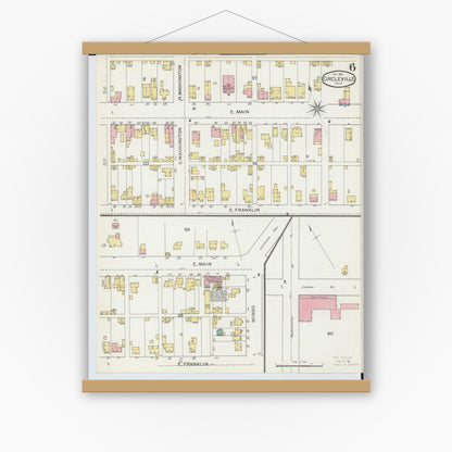 Old map wall art mockup — magnetic wood frame on white wall — Sanborn Fire Insurance Map from Circleville, Pickaway County, Ohio (1893), Sheet #0006