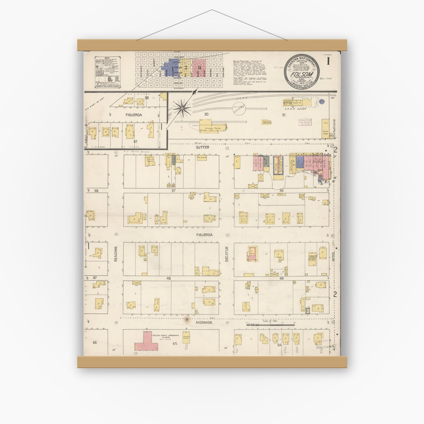 Old map wall art mockup — magnetic wood frame on white wall — Sanborn Fire Insurance Map from Folsom, Sacramento County, California (1910) - Complete Map Set
