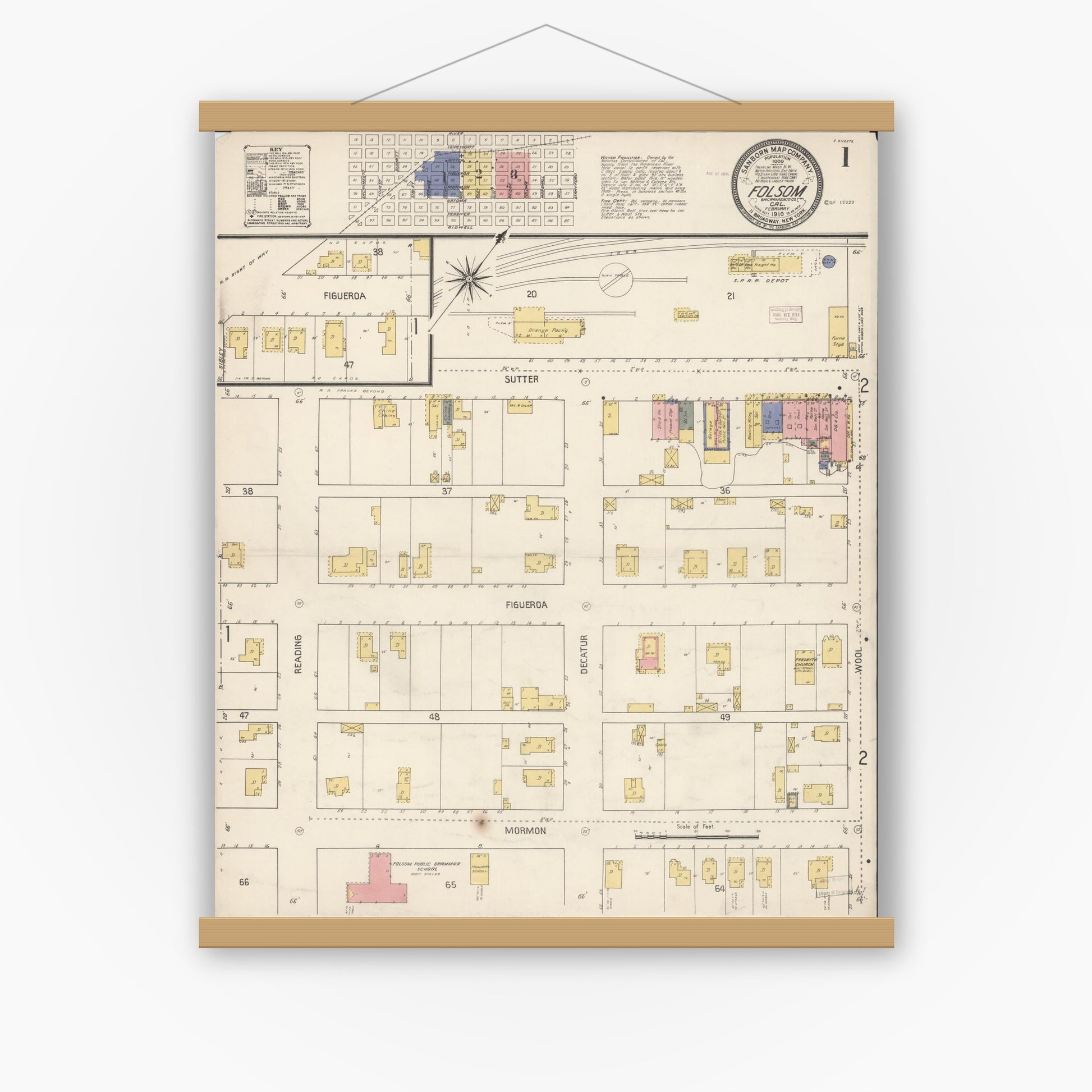 Old map wall art mockup — magnetic wood frame on white wall — Sanborn Fire Insurance Map from Folsom, Sacramento County, California (1910) - Complete Map Set
