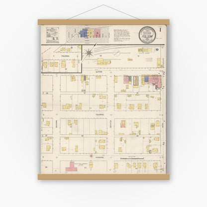 Old map wall art mockup — magnetic wood frame on white wall — Sanborn Fire Insurance Map from Folsom, Sacramento County, California (1910) - Complete Map Set
