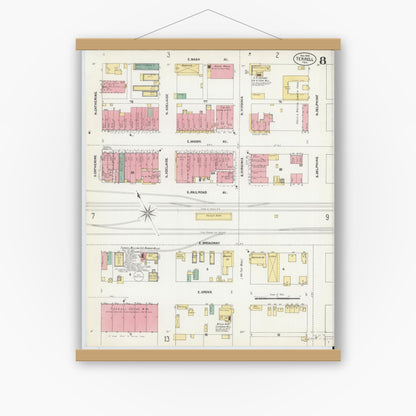 Old map wall art mockup — magnetic wood frame on white wall — Sanborn Fire Insurance Map from Terrell, Kaufman County, Texas (1902), Sheet #0008