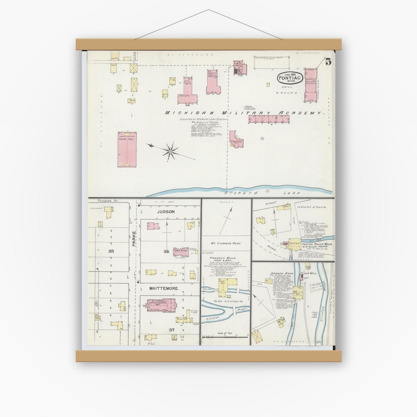 Old map wall art mockup — magnetic wood frame on white wall — Sanborn Fire Insurance Map from Pontiac, Oakland County, Michigan (1892), Sheet #0005