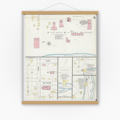 Old map wall art mockup — magnetic wood frame on white wall — Sanborn Fire Insurance Map from Pontiac, Oakland County, Michigan (1892), Sheet #0005