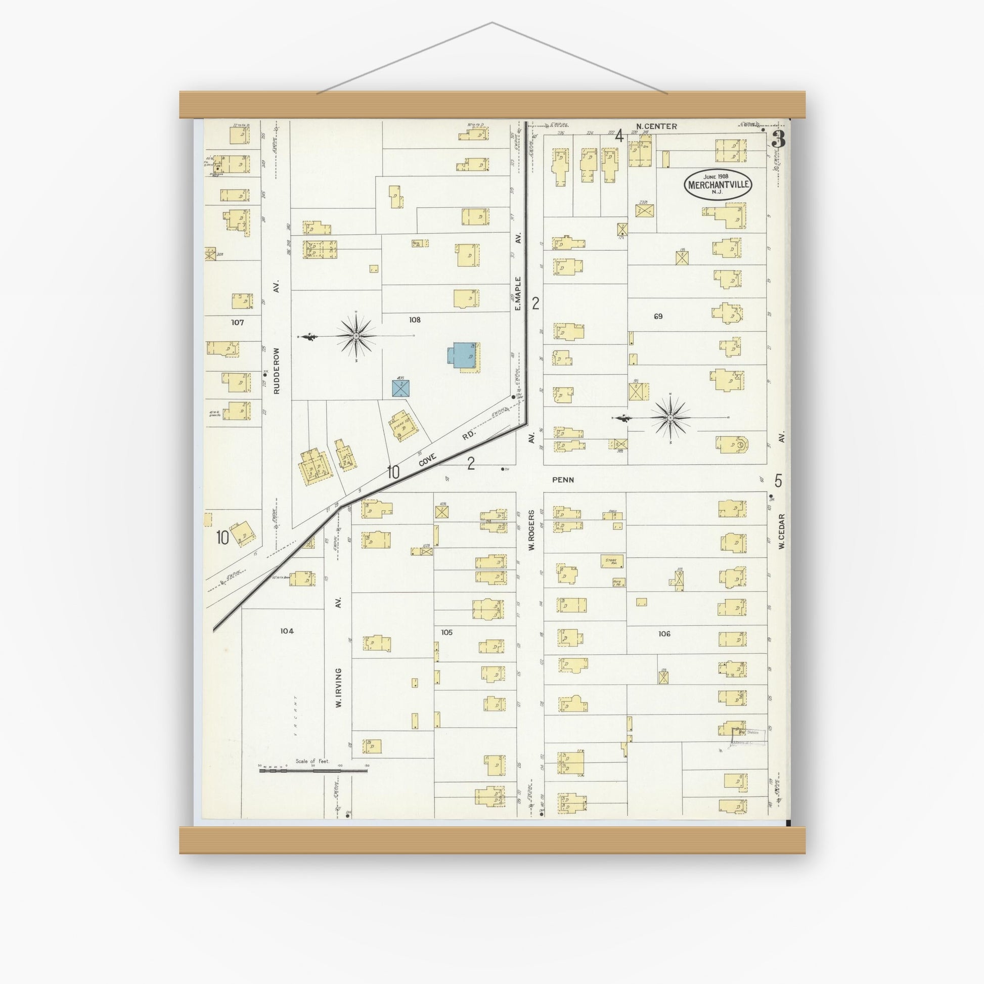 Old map wall art mockup — magnetic wood frame on white wall — Sanborn Fire Insurance Map from Merchantville, Camden County, New Jersey (1908), Sheet #0003