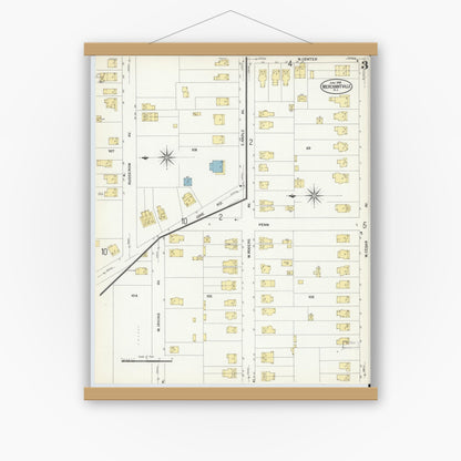 Old map wall art mockup — magnetic wood frame on white wall — Sanborn Fire Insurance Map from Merchantville, Camden County, New Jersey (1908), Sheet #0003