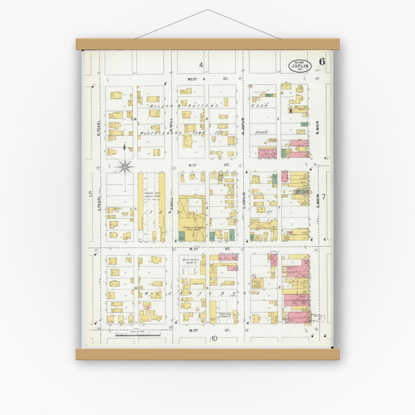 Old map wall art mockup — magnetic wood frame on white wall — Sanborn Fire Insurance Map from Joplin, Jasper County, Missouri (1900), Sheet #0006