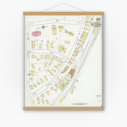 Old map wall art mockup — magnetic wood frame on white wall — Sanborn Fire Insurance Map from Southbridge, Worcester County, Massachusetts (1918), Sheet #0013